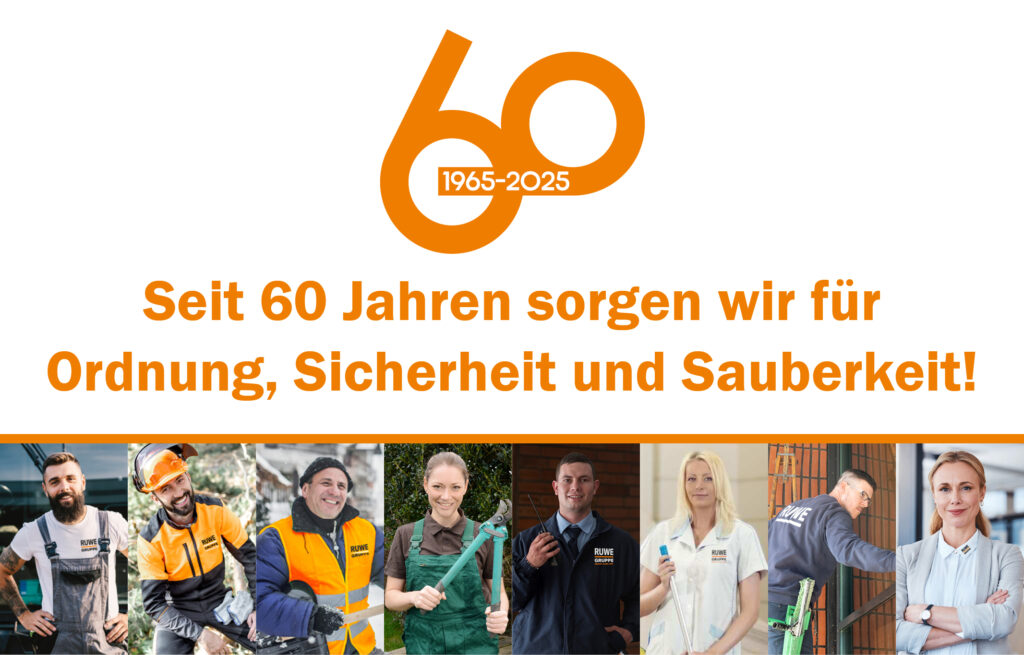 Banner mit einer großen orangefarbenen "60" und "1965-2025" in einem Kreis. Darunter steht ein deutscher Text: "Seit 60 Jahren sorgen wir für Ordnung, Sicherheit und Sauberkeit!" und unten sind sechs Personen in Arbeitsuniformen abgebildet.